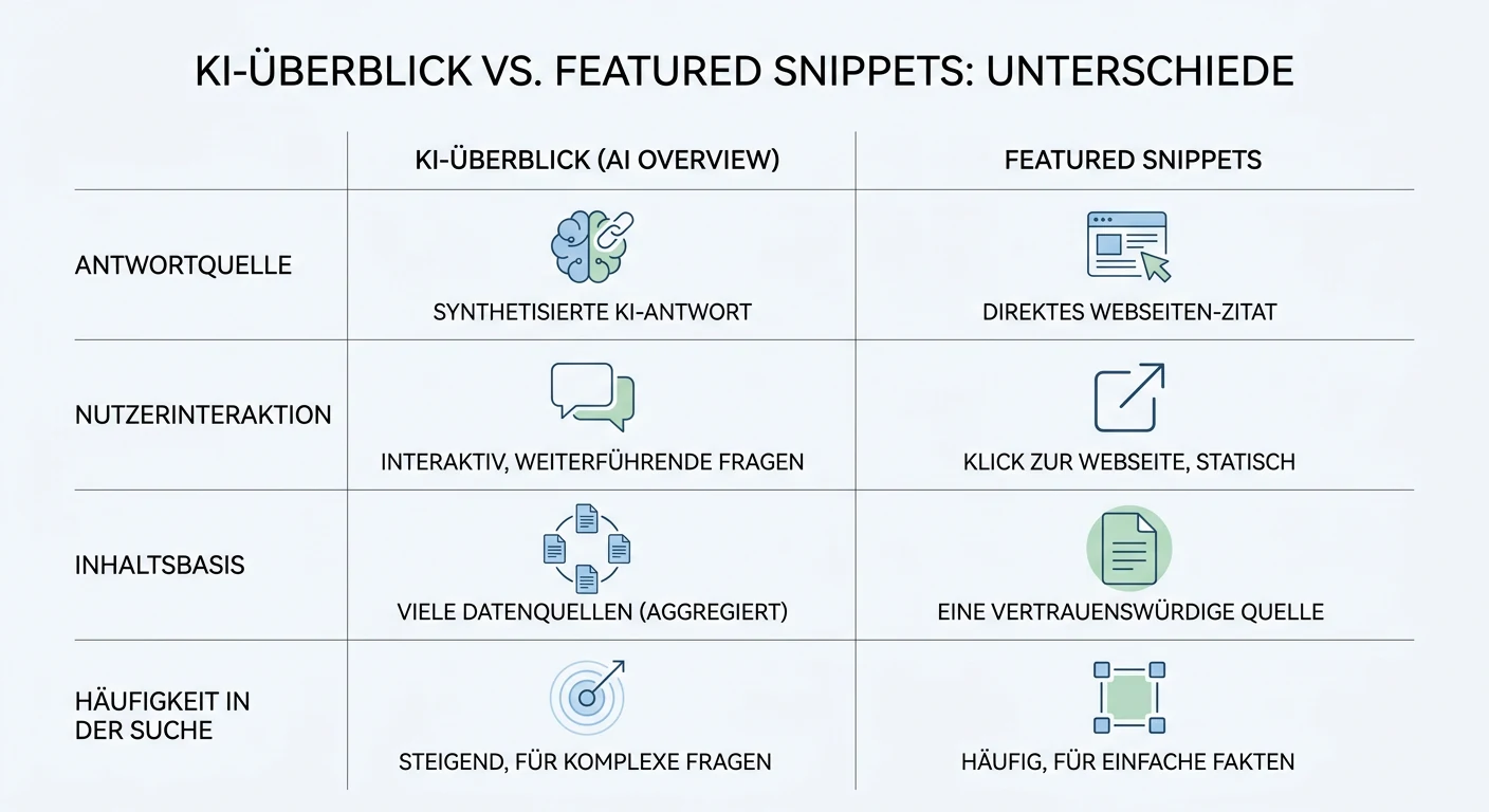 Infografik: Google AI Overviews und Featured Snippets im Vergleich
